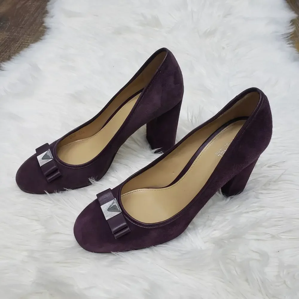MICHAEL KORS Caroline Bow Pumps Size 9 M Purple Suede Leather Block Heel Slip on